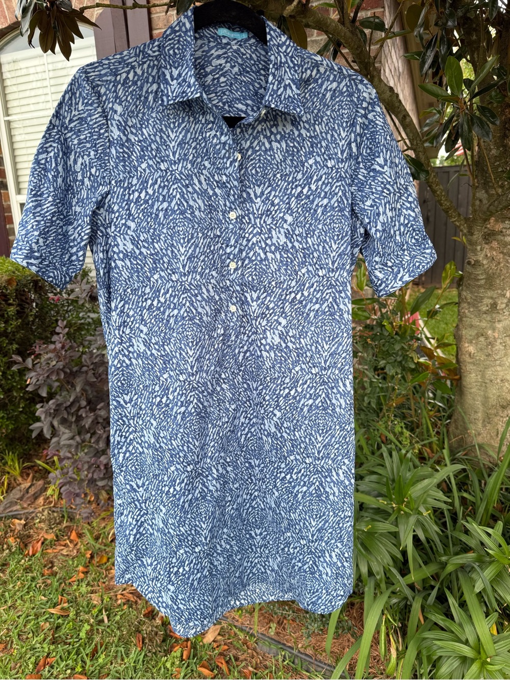 J. McLaughlin Blue Abstract Print Shirt Dress S Collard Button Front TravelDress